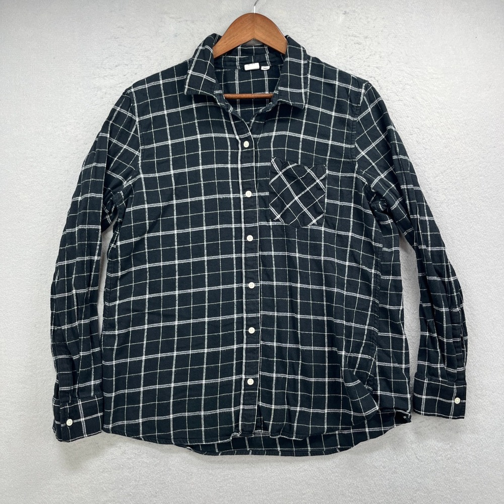 Gap Button Down Shirt Womens XL Black Plaid Flannel Cabincore Camp Casual Preppy